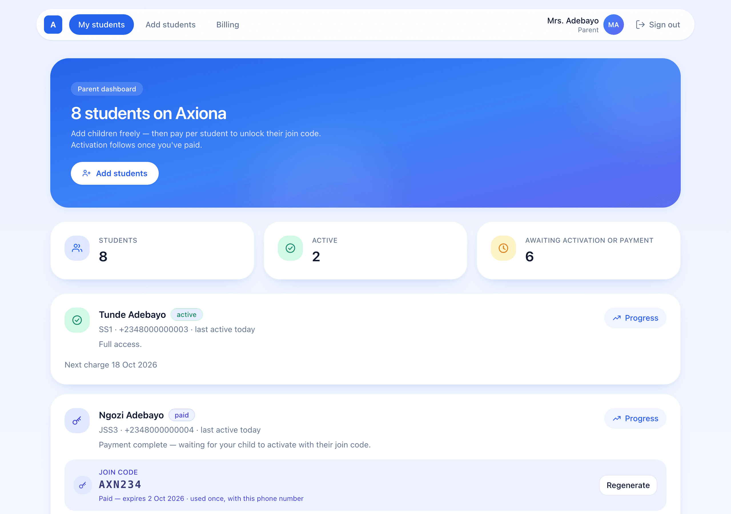 Parent dashboard listing students, activation status and join codes