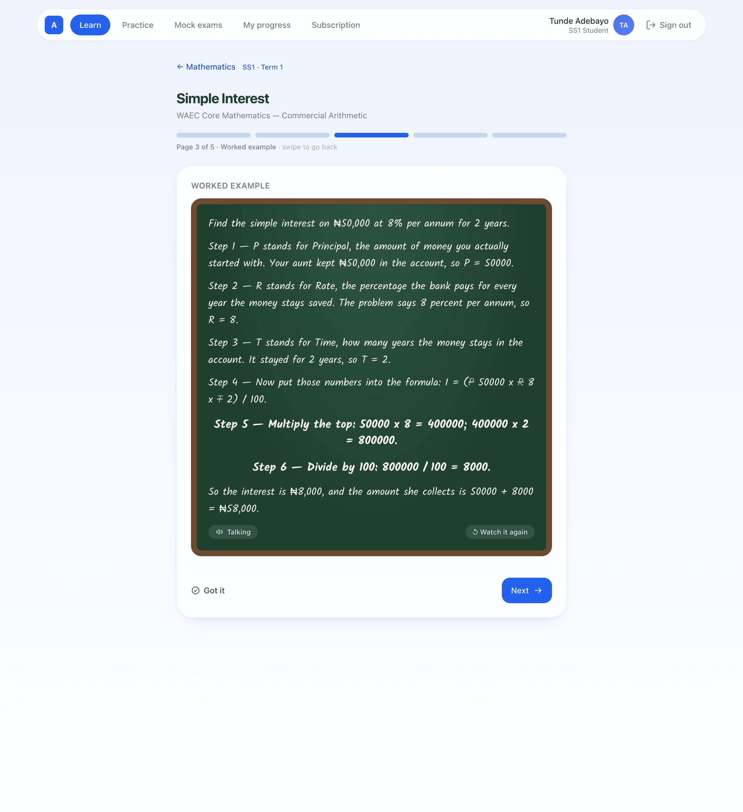 A worked example on Simple Interest, solved step by step on an on-screen chalkboard